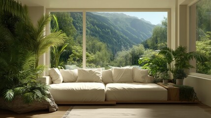 Modern living room interior with a comfortable white sofa, lush green houseplants, and a large panoramic window with a scenic view of a green mountain forest