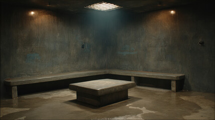 Dimly lit interrogation room features bare concrete walls and floors, with central table and benches. atmosphere is tense and foreboding, evoking sense of isolation and unease