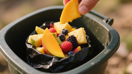 Disposing of colorful fruit scraps in a green compost bin outdoors.