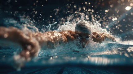 Professional athlete swimming the butterfly stroke in a pool with dramatic lighting and water splashes creating motion