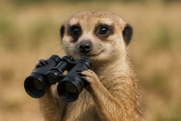 Meerkat holds binoculars, embodying the spirit of adventure and exploration in its natural habitat