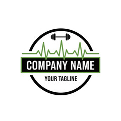 A circular logo design featuring a barbell, a green heartbeat line, and text for a fitness company.