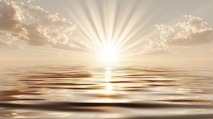 Fototapeta premium Serene sunrise over calm waters creates peaceful atmosphere, with rays of light breaking through soft clouds, reflecting beautifully on surface