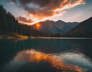Sunrise or sunset over mountain lake reflection in water picturesque natural landscape