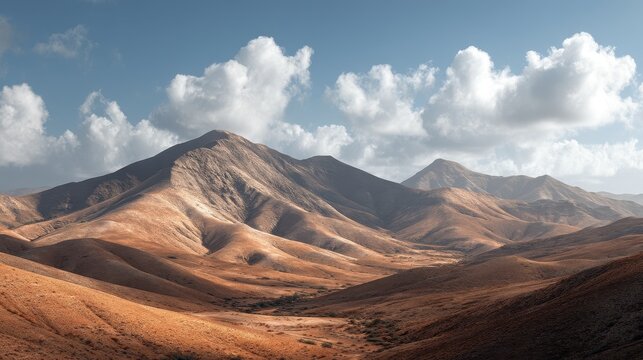 Expansive panoramic landscape of rolling arid mountains and dry desert hills under a beautiful blue sky with fluffy white clouds