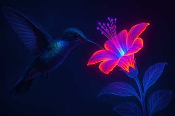Hummingbird with shimmering, iridescent feathers hovering near a vibrant, glowing neon flower in a dark, enchanting environment