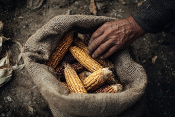 Harvested Corn in Burlap Sack Handled by a Farmer at Organic Harvest Time