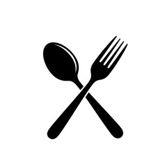 Black silhouette of a spoon and fork crossed isolated on white background