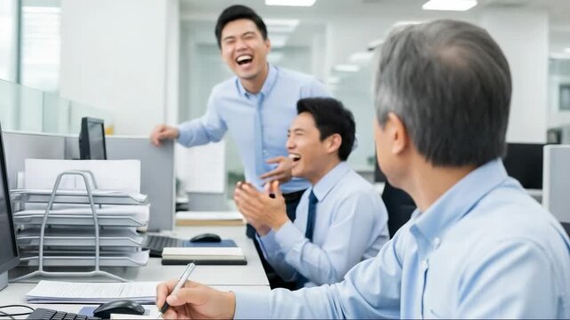 A Mid-Aged Asian Man Reacting to Co-Workers' Laughter in a Corporate Office Environment, Amidst Paperwork and Office Desks