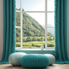 Teal Knit Decor by Window.  