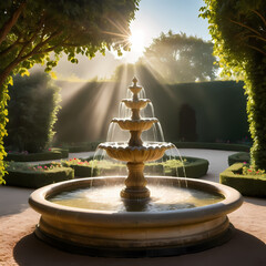 Rose garden fountain in sunlight  
