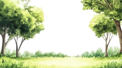 Fototapeta premium Green trees grassy meadow watercolor