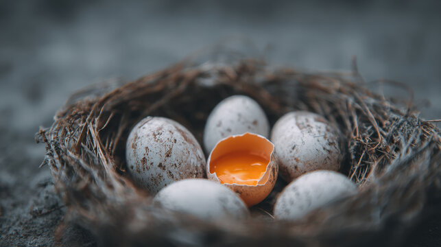 Close up view of bird nest containing several speckled eggs, with one egg cracked open revealing bright orange yolk. natural setting evokes sense of new beginnings and life - Powered by Adobe