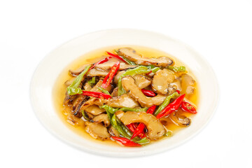 Sautéed Mushrooms with Red Peppers and Vegetables on White Plate - Asian Cuisine Dish
