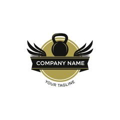 Kettlebell logo design with wings, banner, and company name.