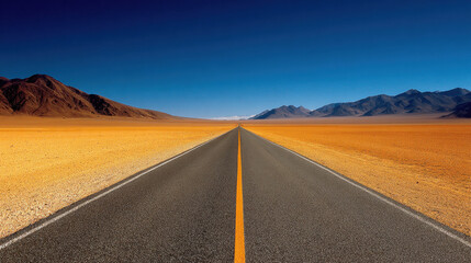 Fototapeta premium Long, straight road stretches through vast desert landscape, flanked by mountains under clear blue sky. scene evokes sense of adventure and solitude, inviting exploration