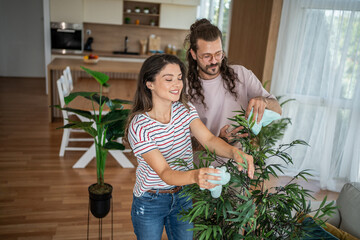 Couple cleaning houseplants in modern apartment living room