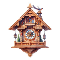 Isolated old wooden wall clock with a pendulum and golden ornate dial on a white background