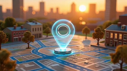 A miniature 3d city map at sunset with glossy red pin, detailed roads, trees, and glowing skyline, highlighting route optimization software, route planner, route software - Powered by Adobe