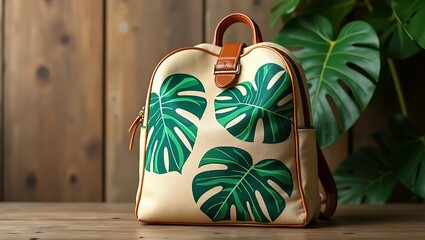 Tropical leaf print backpack with leather accents and natural wood background