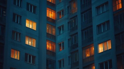 Facade of a modern apartment building at night with glowing windows creating a warm contrast against the cool blue exterior