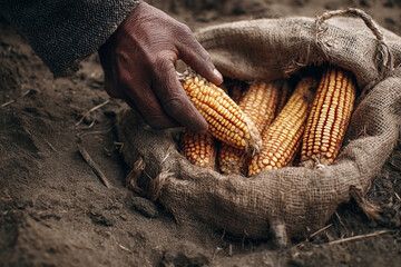 Rustic Harvest: A hand selecting corn from a burlap sack on earthy terrain