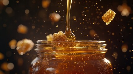 Honey pouring over honeycomb pieces