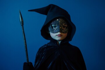 Child dressed as wizard with mysterious glitter mask and pointy hat, holding magic wand against vibrant blue backdrop