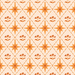 Whimsical christmas star, flowers geometric seamless pattern in rhombus, textile, clothes, wallpaper