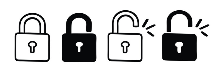 Lock icon collection. Locked and unlocked black line icon set. Flat security symbol. 