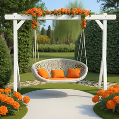 Wicker swing with orange flowers, and garden.  
