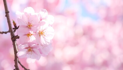 Delicate pink cherry blossoms in full bloom, softly focused background.