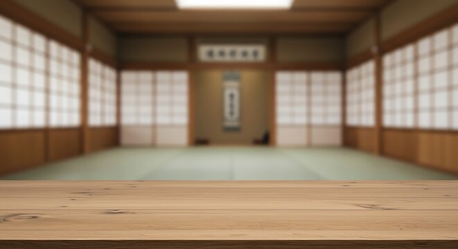 Mockup of traditional japanese dojo with tatami mats and shoji screens, empty wooden table in foreground for commercial usage