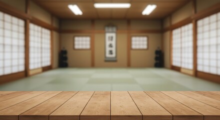 Mockup of empty japanese dojo with tatami mats and shoji screens, wooden table in foreground for commercial usage
