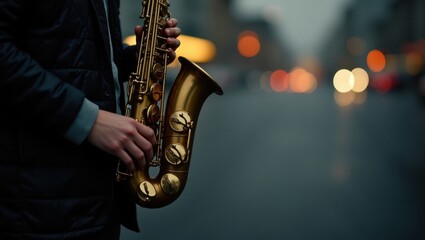 Obraz premium Musician plays a golden saxophone on a city street at dusk