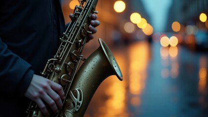 Musician plays a saxophone on a city street at night with bokeh lights