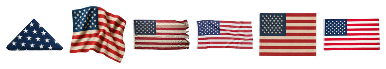 Fototapeta premium American flag set including folded, waving, distressed, and new variations isolated. Patriotic and national emblem collection.