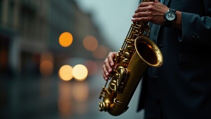 Fototapeta premium Musician holding a golden saxophone with blurred city lights in the background