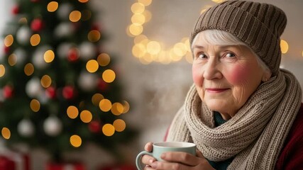 Smiling elderly woman with grey hair in knitted hat and scarf holding a warm cup, sitting in a cozy room decorated for Christmas with a holiday tree. - Powered by Adobe