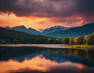 Sunrise or sunset over mountain lake reflection in water picturesque natural landscape