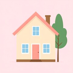 Cozy family home illustration with a pink roof and tree. A minimalist flat design concept for property, mortgage, and housing market visuals