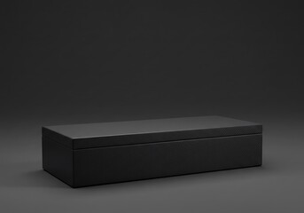 Mockup of a simple black rectangular box with a lid, presented on a dark grey background for commercial usage