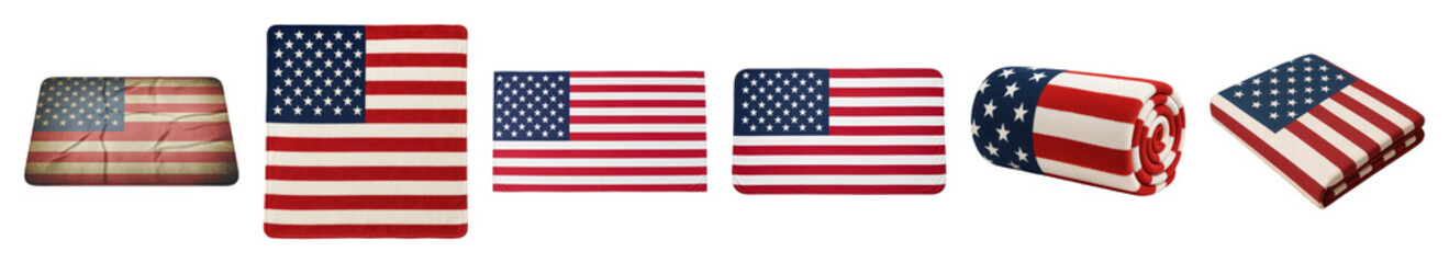 Fototapeta premium American flag textile set including vintage, folded, flat, and rolled blankets isolated. Patriotic celebration and national holiday designs.