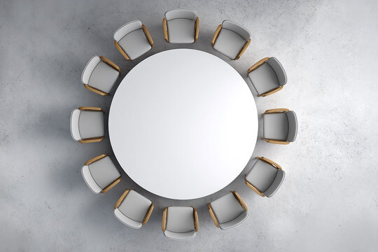 Minimalist Circular Meeting Room Setup on Concrete Background, Top View
