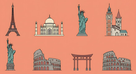 Obraz premium illustrated global landmarks set featuring famous monuments from Europe, Asia, and America