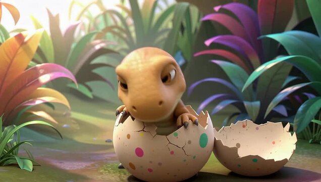 Adorable animated baby dinosaur hatches from a colorful spotted egg in a lush, vibrant prehistoric jungle environment