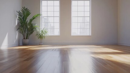 Empty room with sunlight through windows