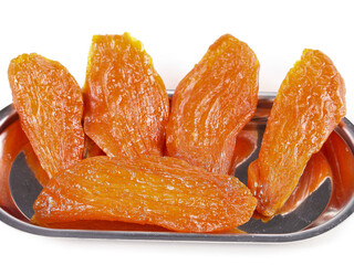 Dried Candied Sweet Potato Slices on Metal Tray - Traditional Handmade Preserved Snack Food