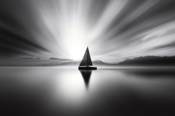 Minimalist grayscale seascape featuring a sailboat sailing on calm water during sunset, with sunrays, mountains, and a cloudy sky in the background