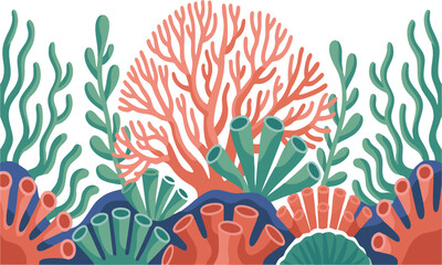Coral Reef Seamless Pattern Underwater Marine Plants and Ocean Elements Vector Design, Coral Reef Seamless Pattern Ocean Textile and Fabric Print Design, easily editable and scalable.